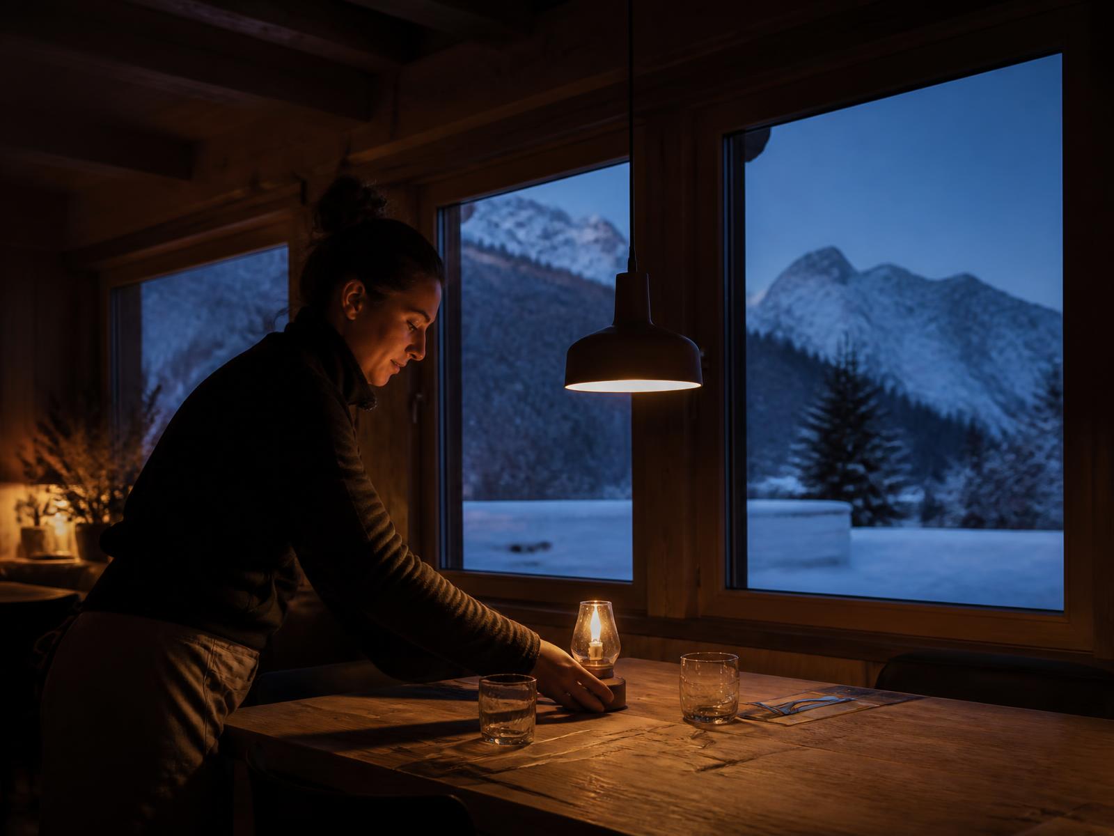 A mountain hospitality worker preparing a timber chalet interior at dusk