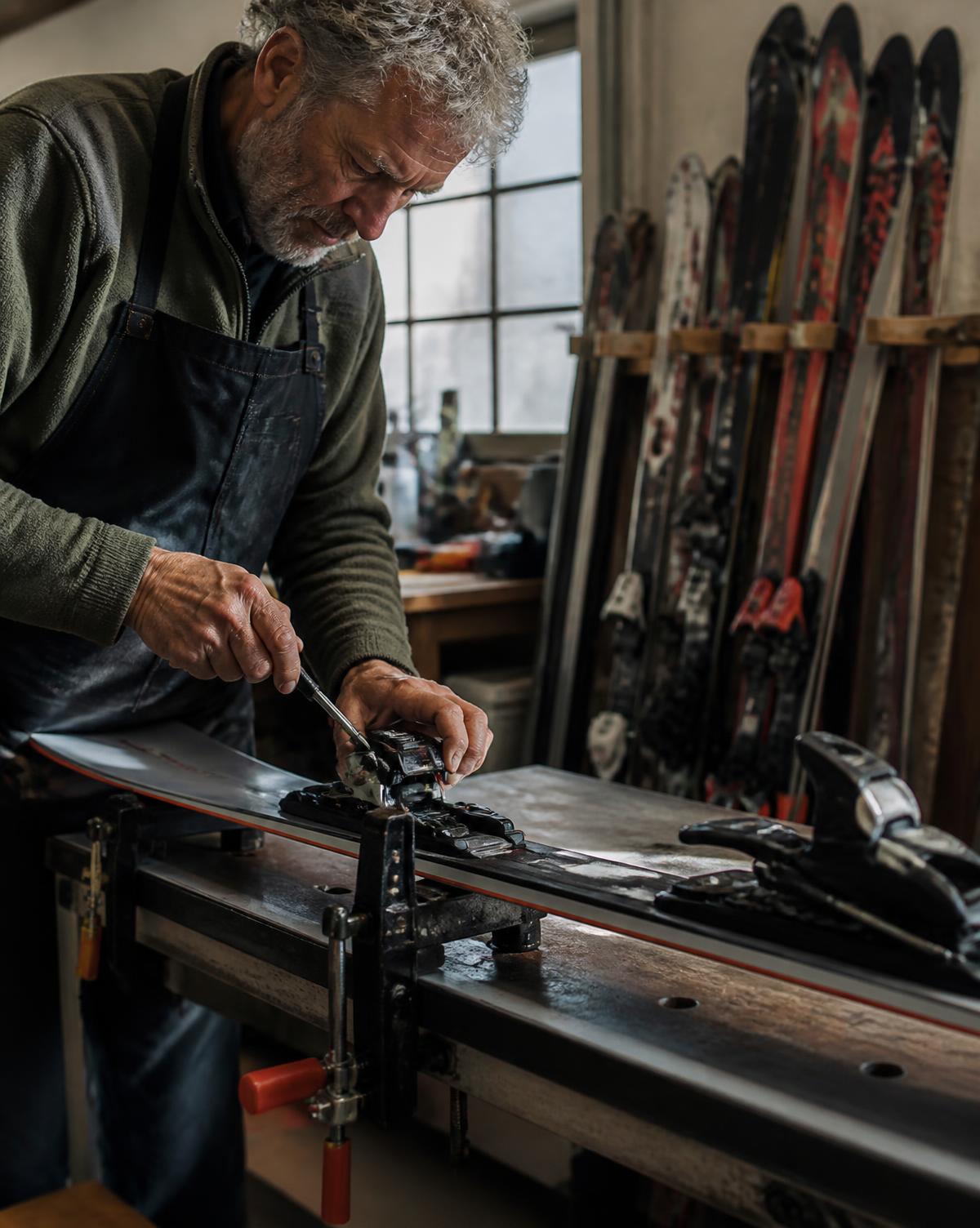 A ski technician adjusting bindings in an independent workshop